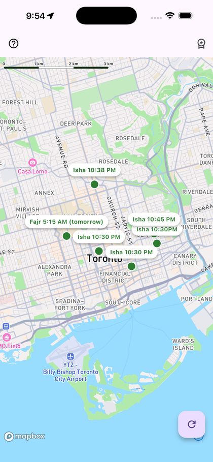 NextRakaa map view showing nearby mosques with next iqamah times