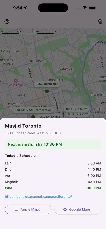 NextRakaa mosque detail sheet with full daily schedule and directions